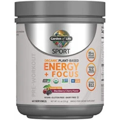Garden Of Life Sport Organic Plant-Based Energy + Focus Vegan Clean Pre Workout Powder, Sugar & Gluten Free BlackBerry Cherry With 85mg Caffeine, Natural NO Booster, B12, 40 Servings, 8.14 Oz