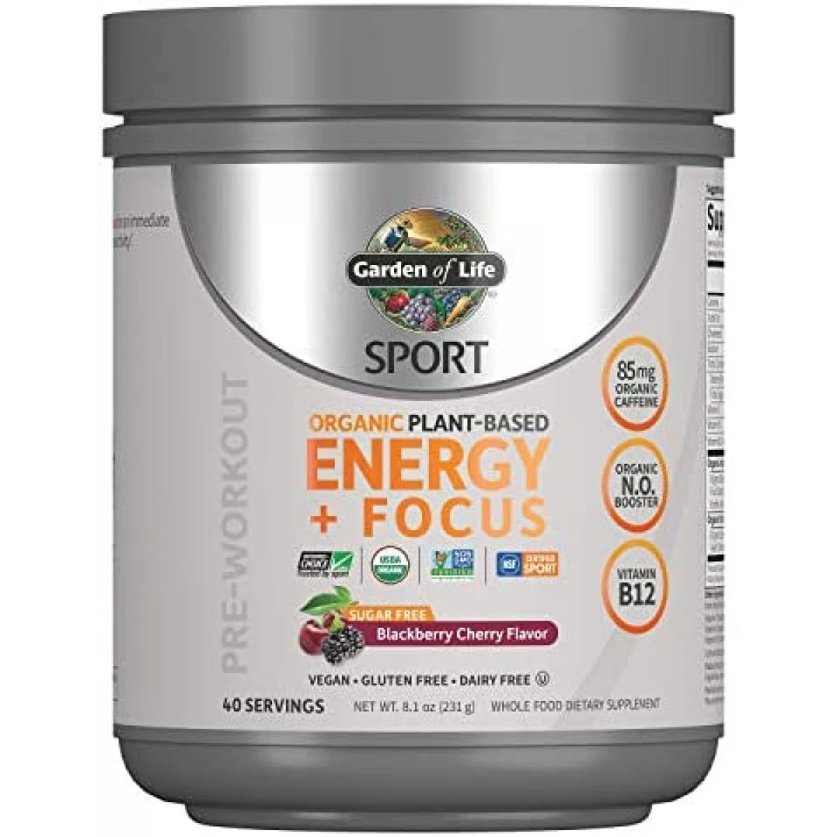 Garden Of Life Sport Organic Plant-Based Energy + Focus Vegan Clean Pre Workout Powder, Sugar & Gluten Free BlackBerry Cherry With 85mg Caffeine, Natural NO Booster, B12, 40 Servings, 8.14 Oz