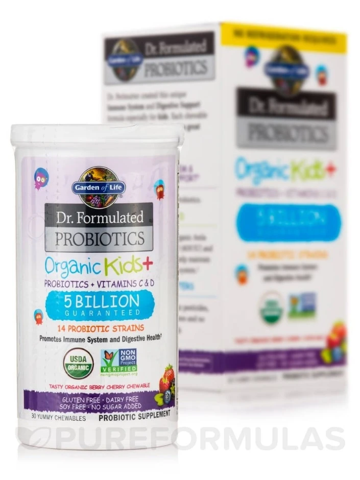 Dr. Formulated Probiotics Organic Kids+ 5 Billion CFU, Berry Cherry Flavor (Shelf Stable) - 30 Chewables