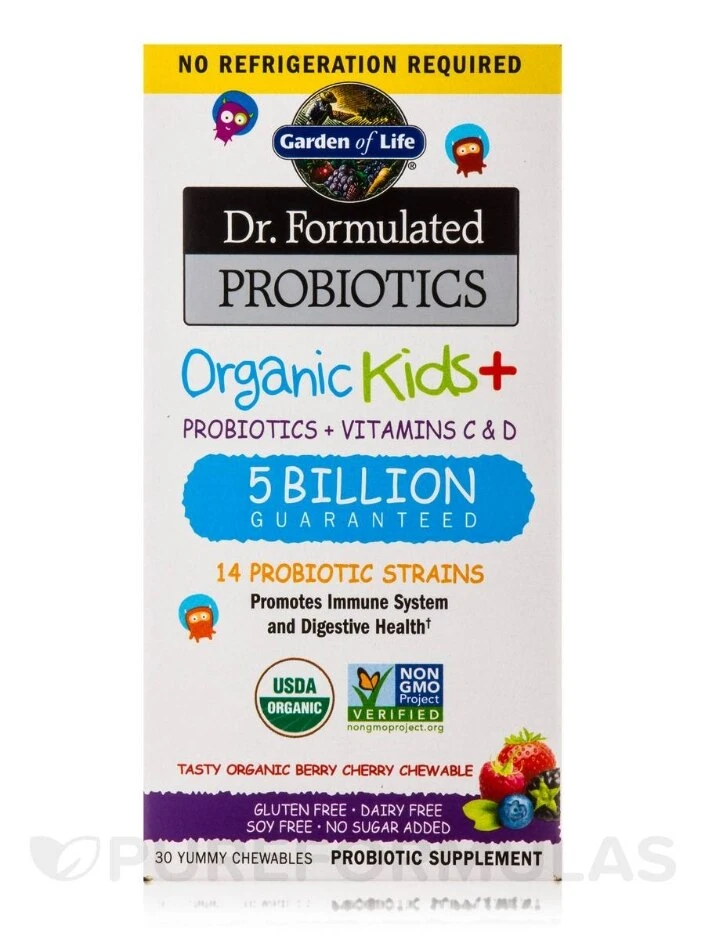 Dr. Formulated Probiotics Organic Kids+ 5 Billion CFU, Berry Cherry Flavor (Shelf Stable) - 30 Chewables - Image 2