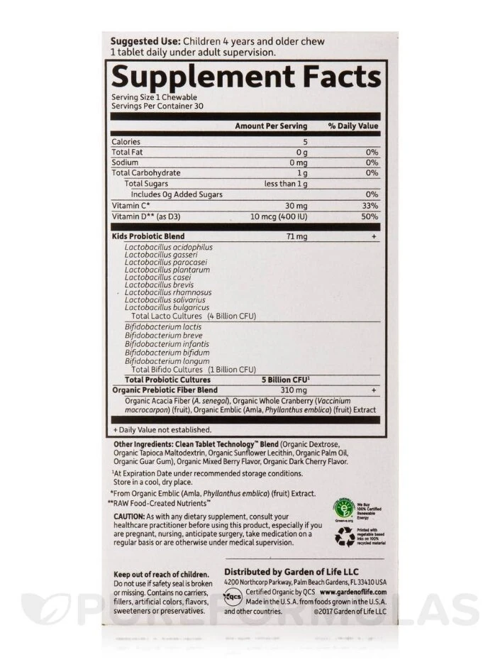 Dr. Formulated Probiotics Organic Kids+ 5 Billion CFU, Berry Cherry Flavor (Shelf Stable) - 30 Chewables - Image 3