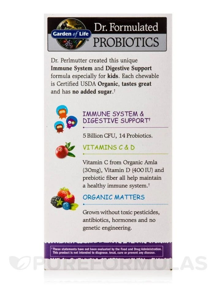 Dr. Formulated Probiotics Organic Kids+ 5 Billion CFU, Berry Cherry Flavor (Shelf Stable) - 30 Chewables - Image 5