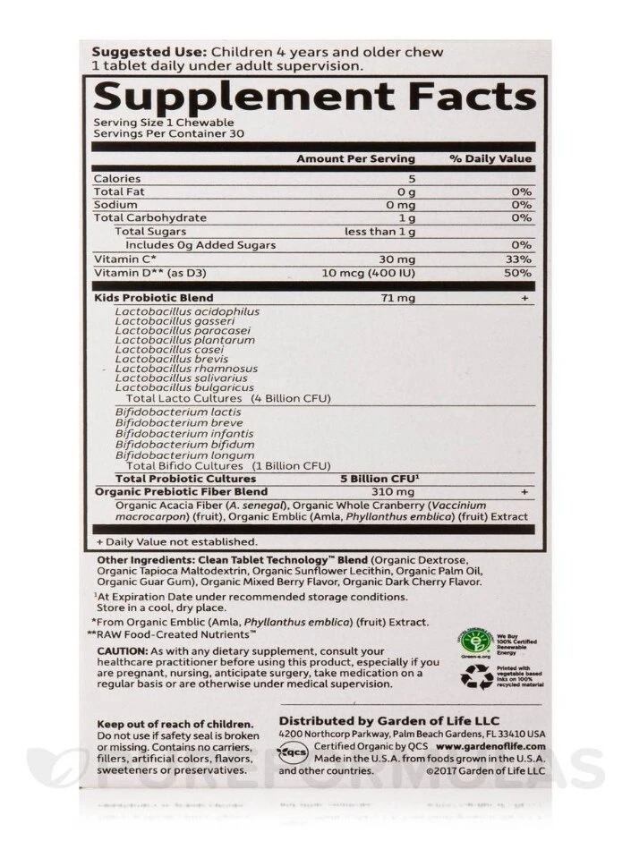 Dr. Formulated Probiotics Organic Kids+ 5 Billion CFU, Berry Cherry Flavor (Shelf Stable) - 30 Chewables - Image 8