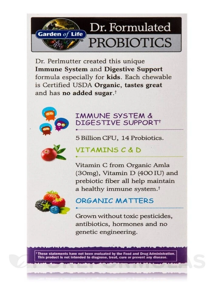 Dr. Formulated Probiotics Organic Kids+ 5 Billion CFU, Berry Cherry Flavor (Shelf Stable) - 30 Chewables - Image 10