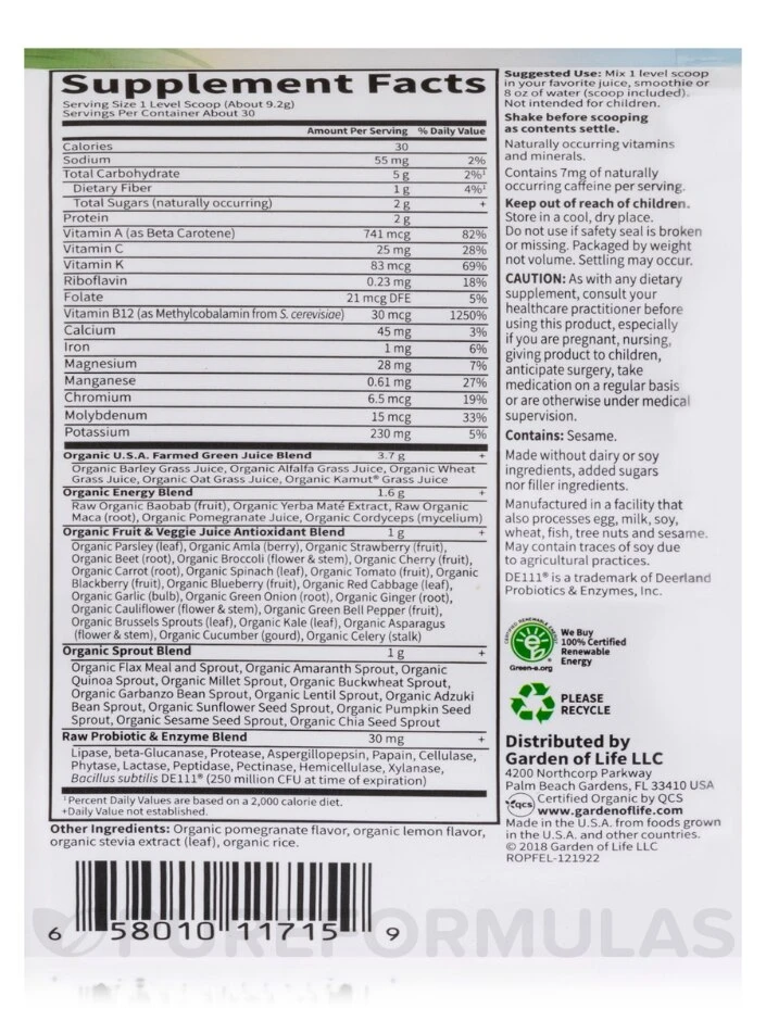 Raw Organic Perfect Food® Energizer Juiced Green Superfood Powder - 9.8 Oz (279 Grams) - Image 5