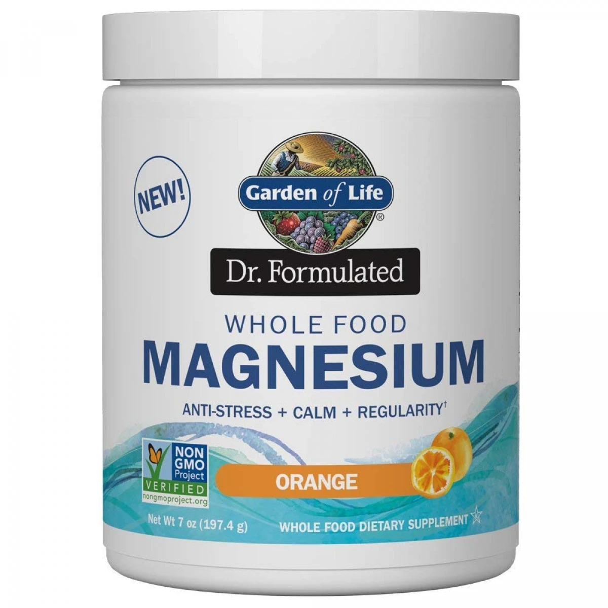 Garden Of Life Dr. Formulated Whole Food Magnesium 197.4g Powder - Orange, Chelated, Non-GMO, Vegan, Kosher, Gluten And Sugar Free Supplement With Probiotics - Best For Anti-Stress, Calm And Regularity